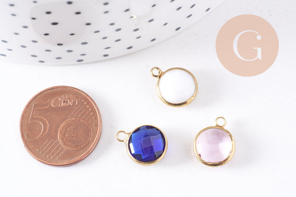 Pendentif rond doré cristal, cristal coloré,14mm, x1 (G2024)