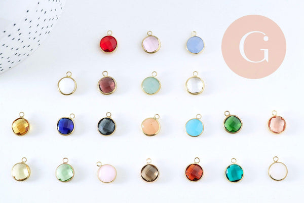 Pendentif rond doré cristal, cristal coloré,14mm, x1 (G2024)