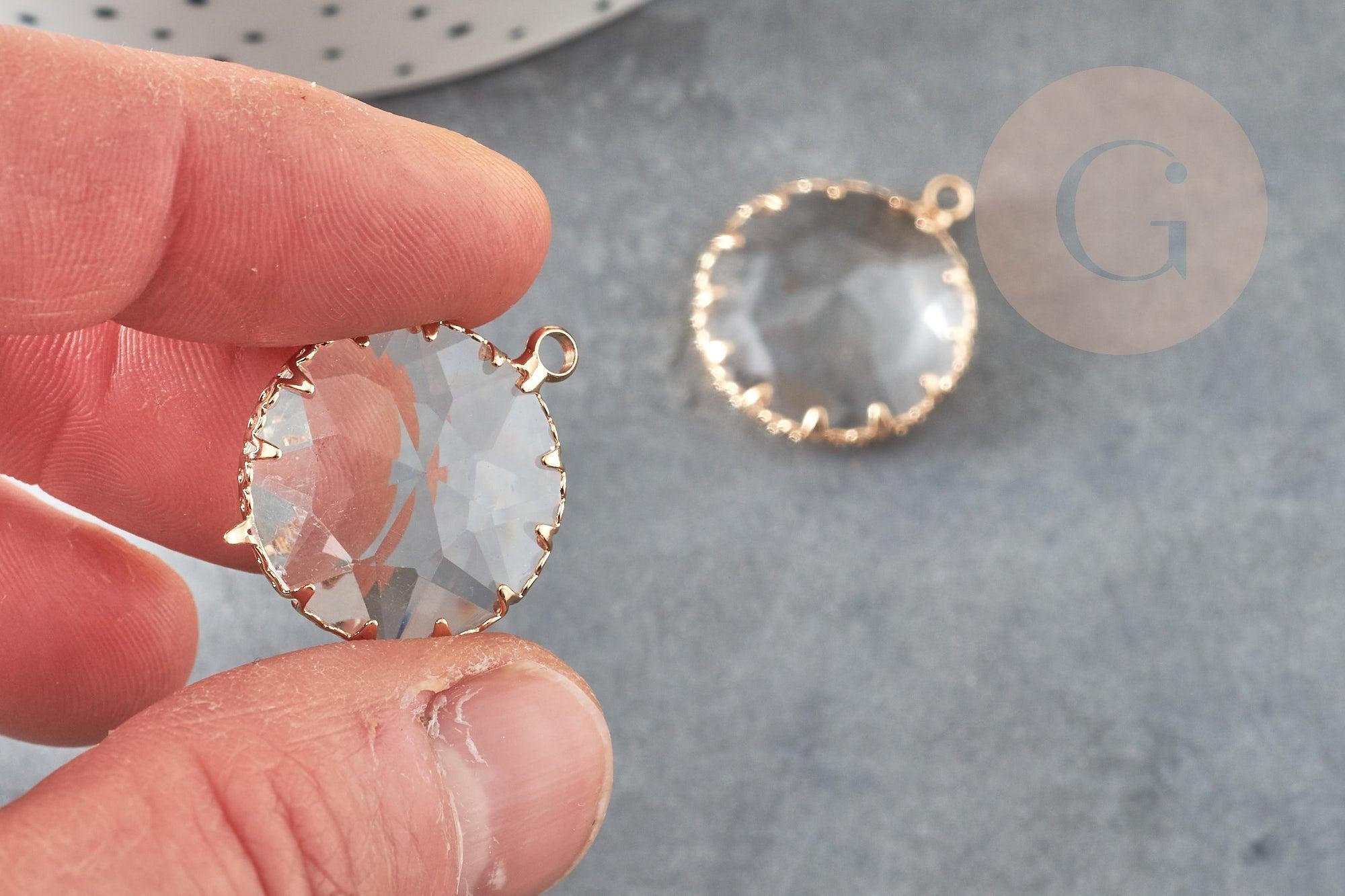 Pendentif rond doré cristal transparent à facettes 25mm, x2 (G2830)
