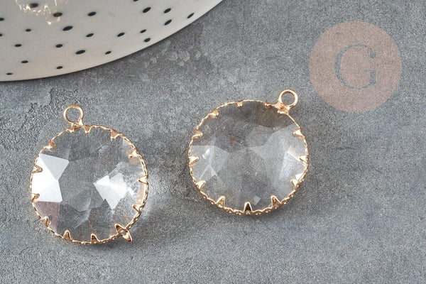 Pendentif rond doré cristal transparent à facettes 25mm, x2 (G2830)