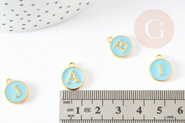 Pendentif rond doré initiale émail bleu, Pendentif femme, métal doré, pendentif initiale,création bijoux,14mm, x1 G3205
