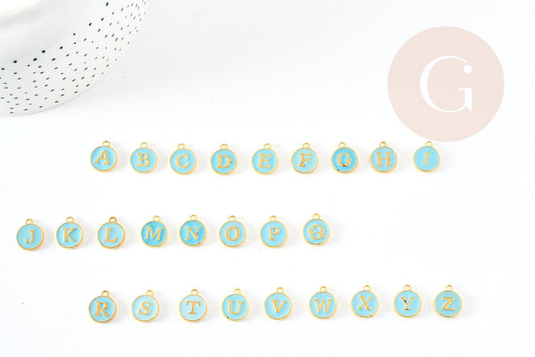 Pendentif rond doré initiale émail bleu, Pendentif femme, métal doré, pendentif initiale,création bijoux,14mm, x1 G3205