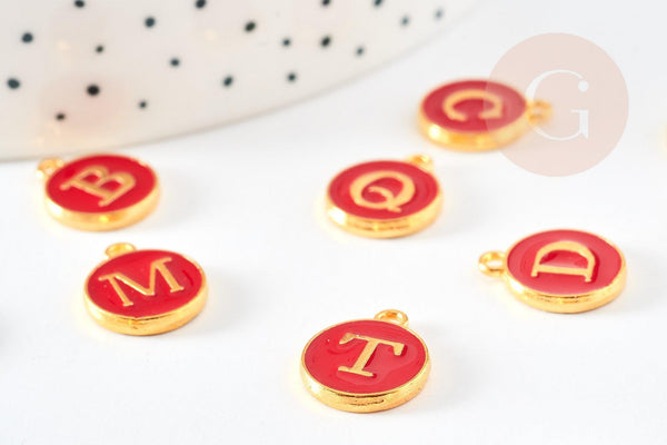 Pendentif rond doré initiale émail rouge ,14mm, x1 (G3004)