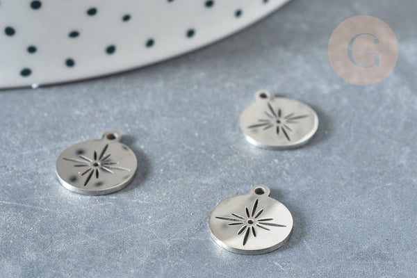 Pendentif rond étoile acier platine 304 inoxydable 14mm, création bijoux acier inoxydable x1 G8013