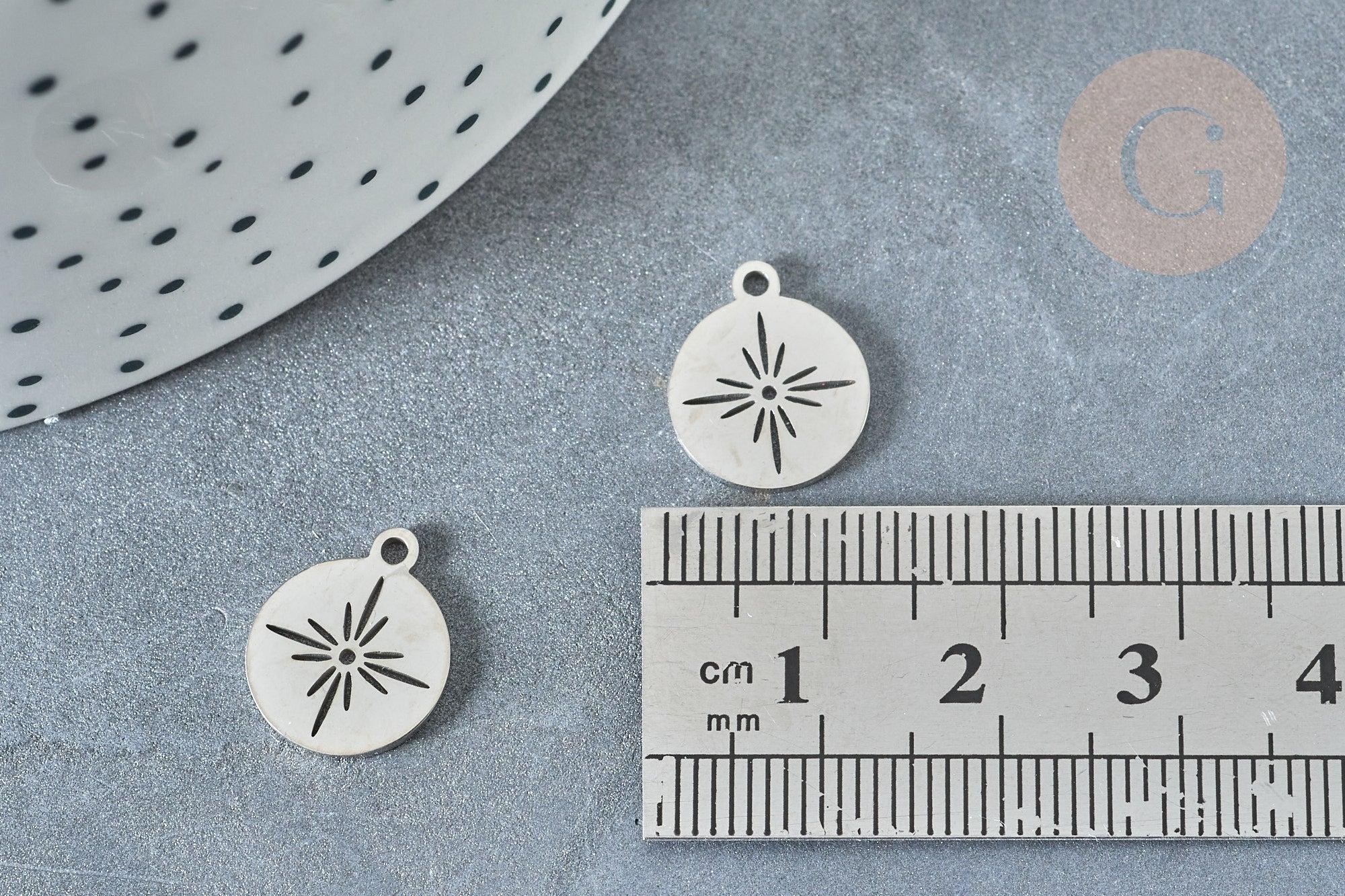 Pendentif rond étoile acier platine 304 inoxydable 14mm, création bijoux acier inoxydable x1 G8013