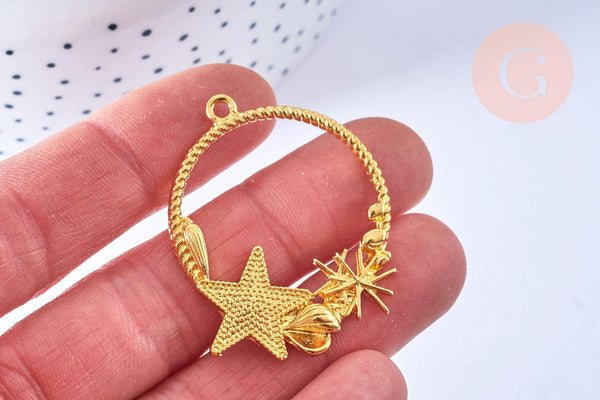Pendentif rond étoile de mer coquillages zamac doré 42mm, pendentif étoile de mer pour création résine bijoux DIY, x1 G6875