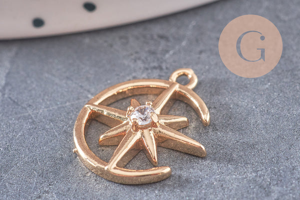 Pendentif rond étoile du nord laiton doré 18K zircon 18mm, un pendentif doré avec cristaux pour création bijoux, x1 G5514