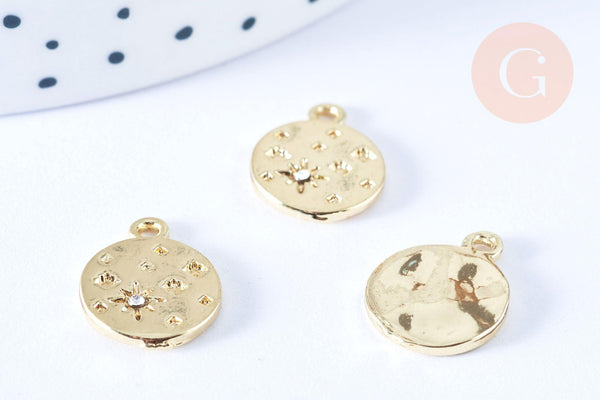 Pendentif rond étoile strass cristal blanc laiton doré 15mm,sans nickel pendentif chance,15mm, x1 (G7114)