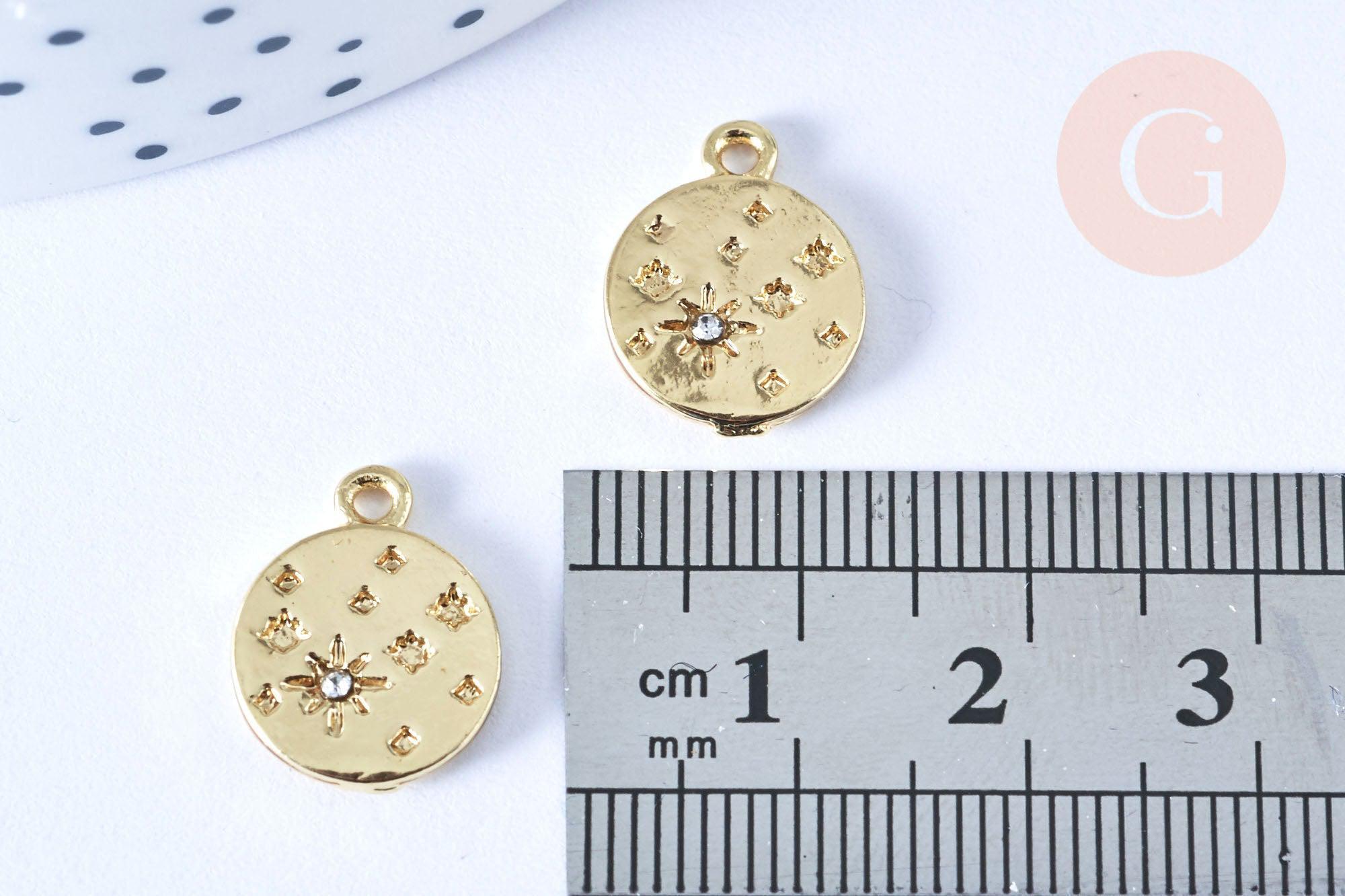 Pendentif rond étoile strass cristal blanc laiton doré 15mm,sans nickel pendentif chance,15mm, x1 (G7114)