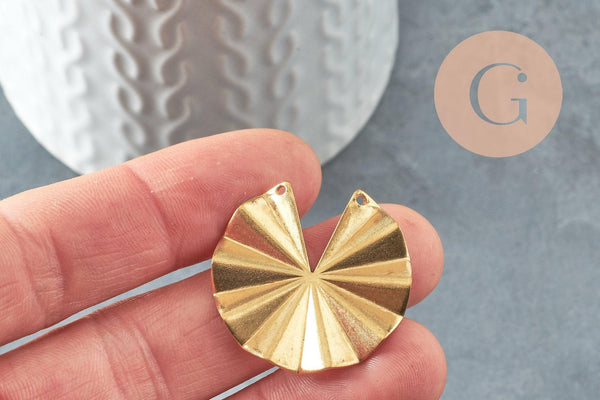 Pendentif rond éventail plié laiton brut, pendentif apprêt doré sans nickel en laiton brut,30mm, X2 (G3184)