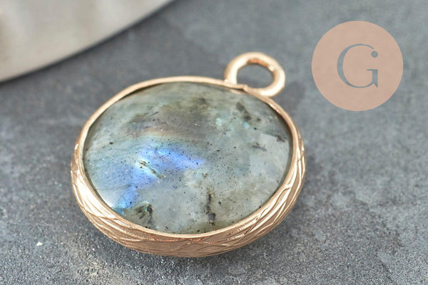 Pendentif rond labradorite naturelle laiton doré 20mm, x1 (G1013)