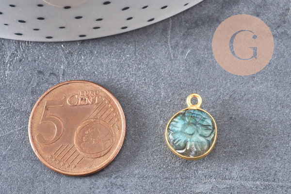 Pendentif rond labradorite naturelle sculptée argent 925 doré 18K 13mm, x1 (G10842)