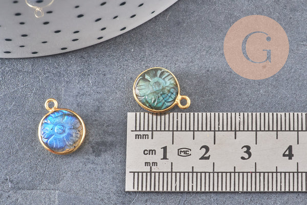 Pendentif rond labradorite naturelle sculptée argent 925 doré 18K 13mm, x1 (G10842)