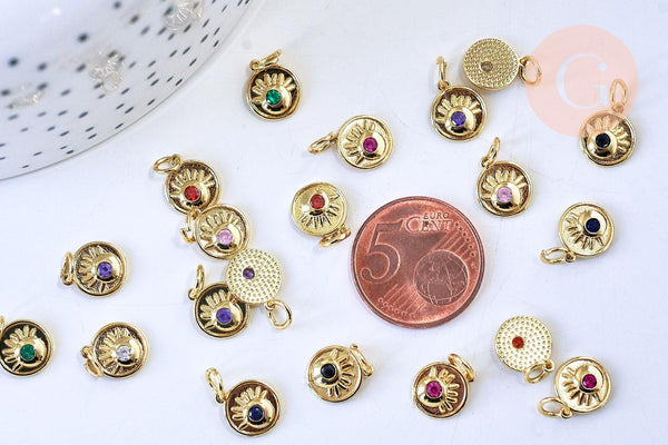 Pendentif rond laiton doré 18K émail oeil protecteur 10.7mm,x1 (G5648)
