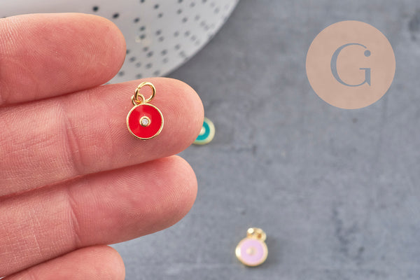 Pendentif rond laiton doré 18K émaillé et zircon 10mm, x1 (G3474)