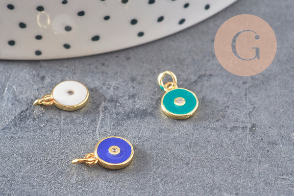 Pendentif rond laiton doré 18K émaillé et zircon 10mm, x1 (G3474)