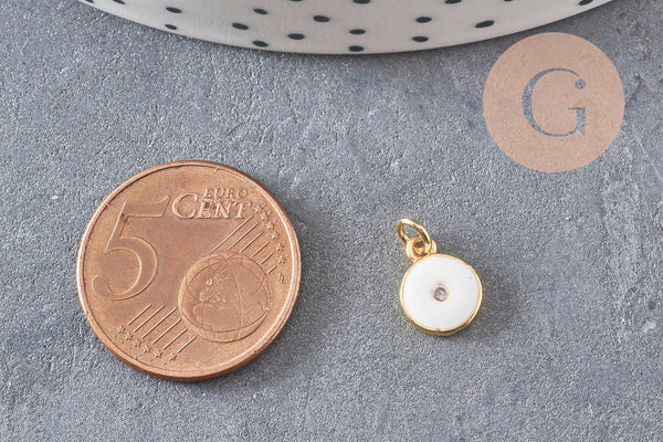 Pendentif rond laiton doré 18K émaillé et zircon 10mm, x1 (G3474)