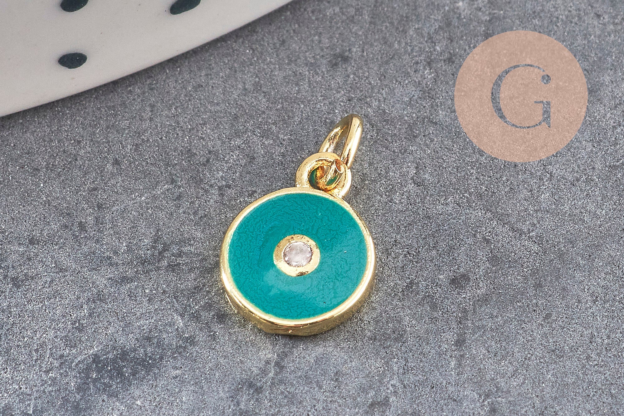 Pendentif rond laiton doré 18K émaillé et zircon 10mm, x1 (G3474)