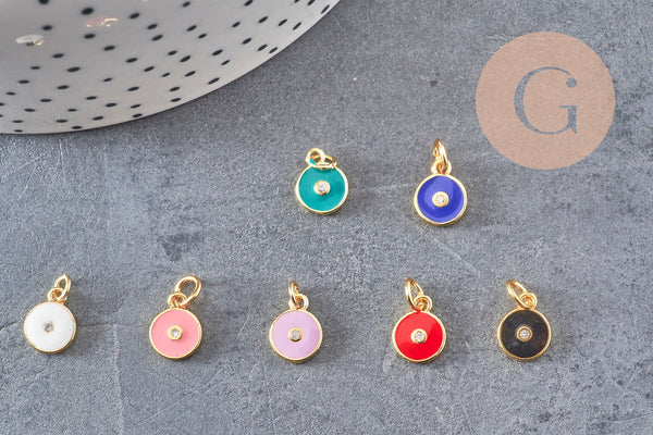 Pendentif rond laiton doré 18K émaillé et zircon 10mm, x1 (G3474)