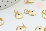 Pendentif rond laiton doré oeil protecteur émail blanc 12.5mm, Pendentif en métal doré pour la création de bijoux, x1 G5681