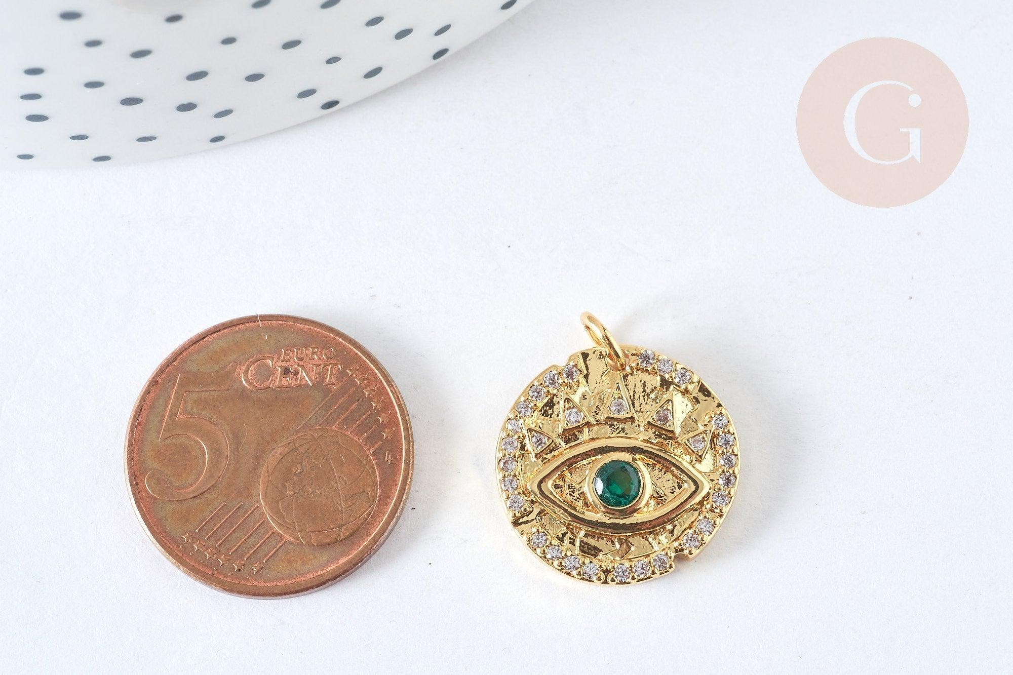Pendentif rond laiton doré oeil protecteur zircons blanc et vert 18mm, x1 G7373