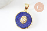 Pendentif rond lapis amazonite quartz rose 21.5mm, x1 (G3159)