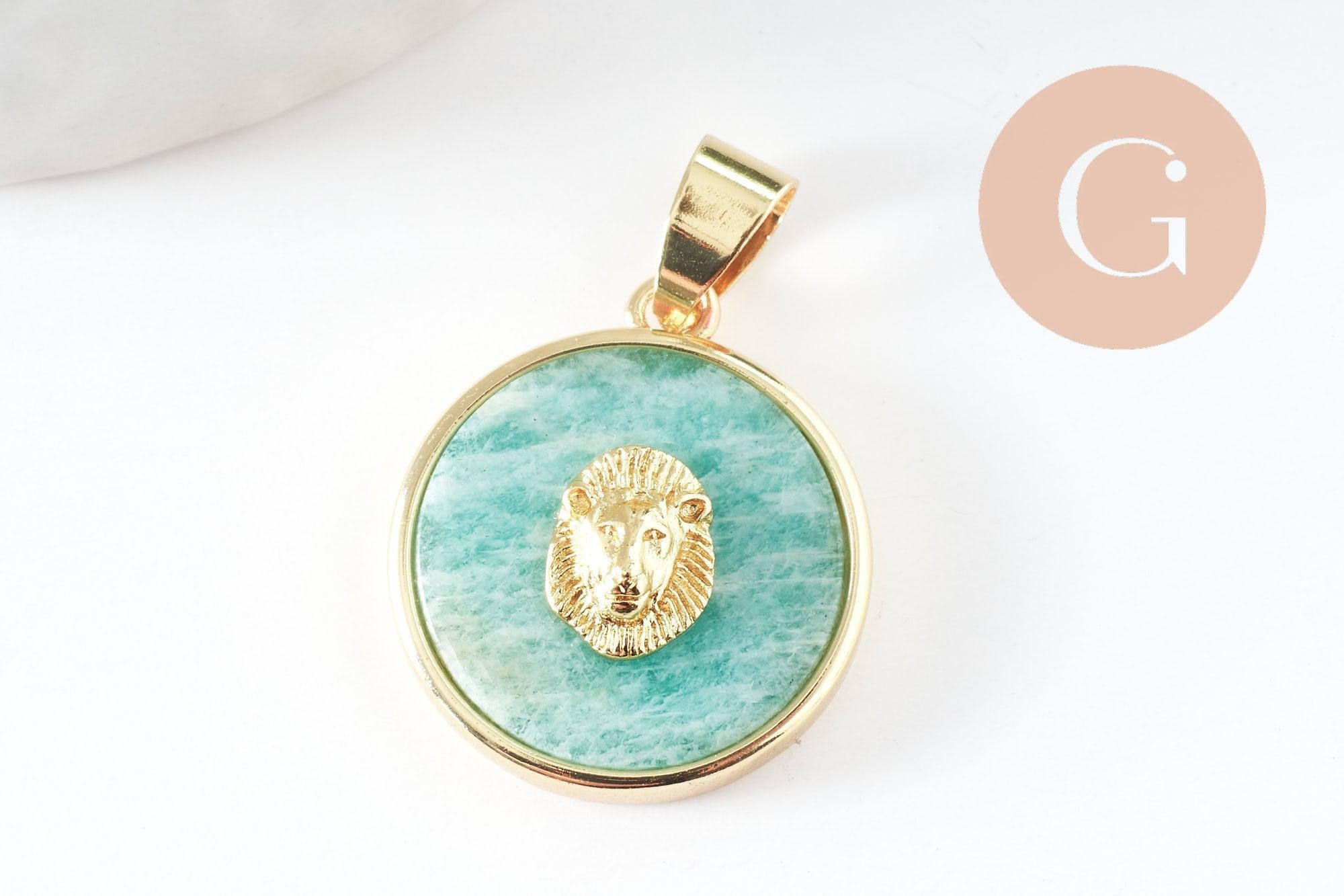 Pendentif rond lapis amazonite quartz rose 21.5mm, x1 (G3159)