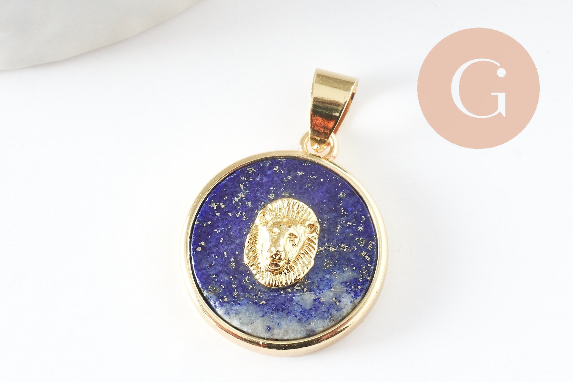 Pendentif rond lapis amazonite quartz rose 21.5mm, x1 (G3159)