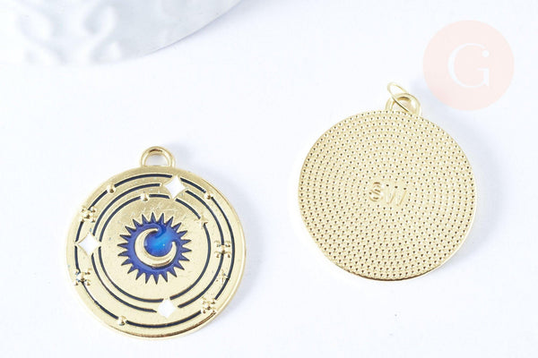 Pendentif rond lune bleu zamac doré 18k cristal zircon 27.5mm,sans nickel, pendentif chance, x1 G6683