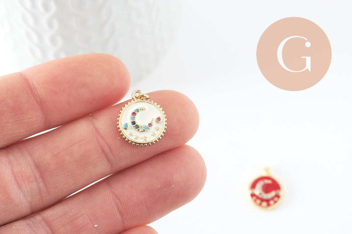 Pendentif lune émail zircon coloré laiton doré 18K 16.5mm, x1 (G3376)