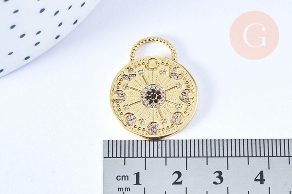 Pendentif rond lune étoiles laiton doré 18K zircon 27.5mm,pendentif doré avec cristaux pour création bijoux, x1 G6969