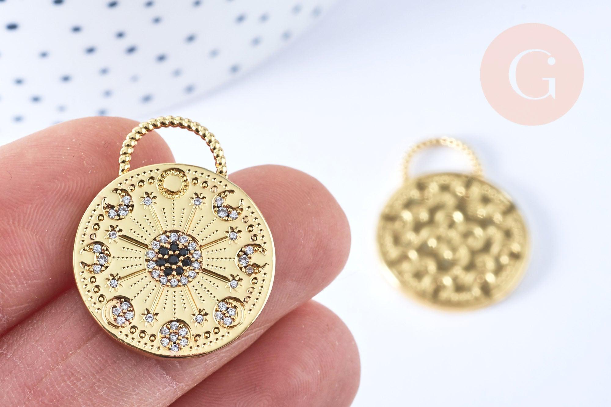 Pendentif rond lune étoiles laiton doré 18K zircon 27.5mm,pendentif doré avec cristaux pour création bijoux, x1 G6969