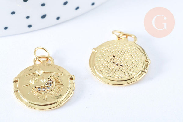 Pendentif rond lune laiton doré 18k cristal zircon 20x18mm,sans nickel, pendentif chance, x1 G6943