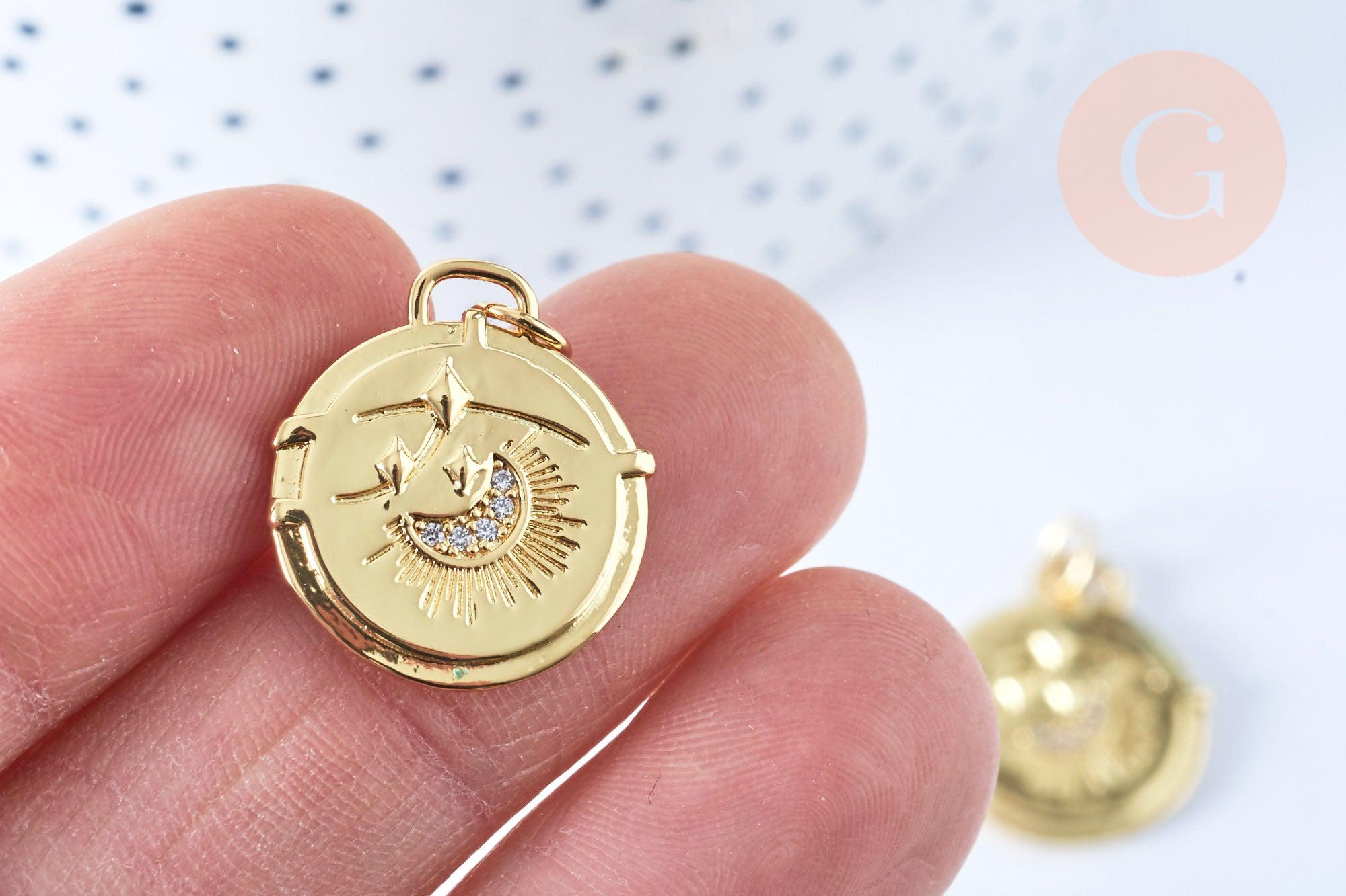 Pendentif rond lune laiton doré 18k cristal zircon 20x18mm,sans nickel, pendentif chance, x1 G6943