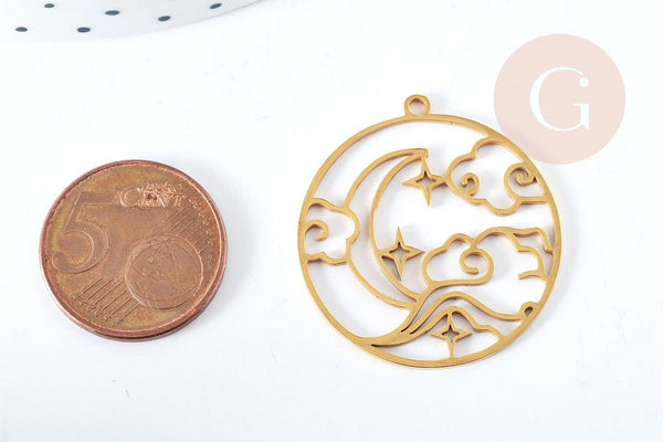 Pendentif rond lune nuage acier 201 doré inoxydable 32.5mm, x1 (G8815)