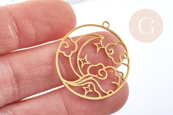 Pendentif rond lune nuage acier 201 doré inoxydable 32.5mm, x1 (G8815)