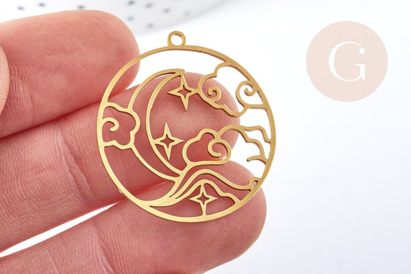 Pendentif rond lune nuage acier 201 doré inoxydable 32.5mm, x1 (G8815)