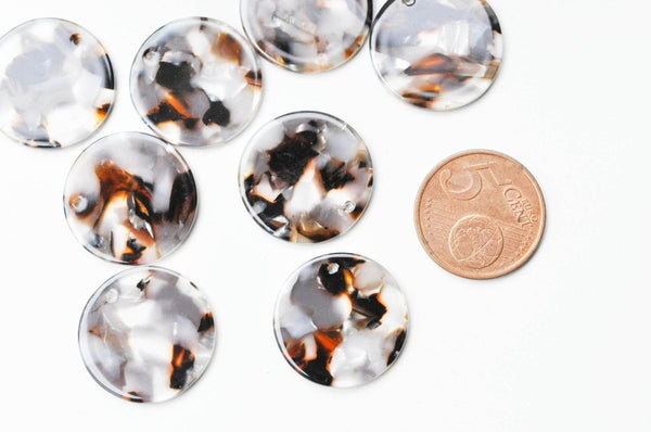 Pendentif rond marron beige plastique acétate 22mm, x2 (G2837)