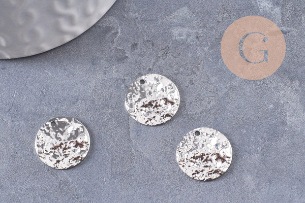 Pendentif rond martelé laiton argenté platine véritable, pendentif géométrique texturé or blanc, 15mm, x2 (G4620)