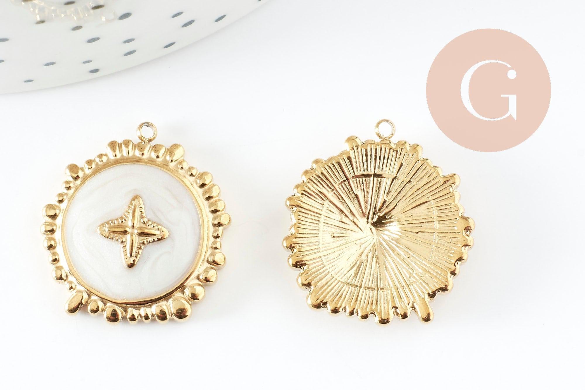 Pendentif rond motif fleur 304 inoxydable doré PVD résine blanche 23mm, x1 (G9405)