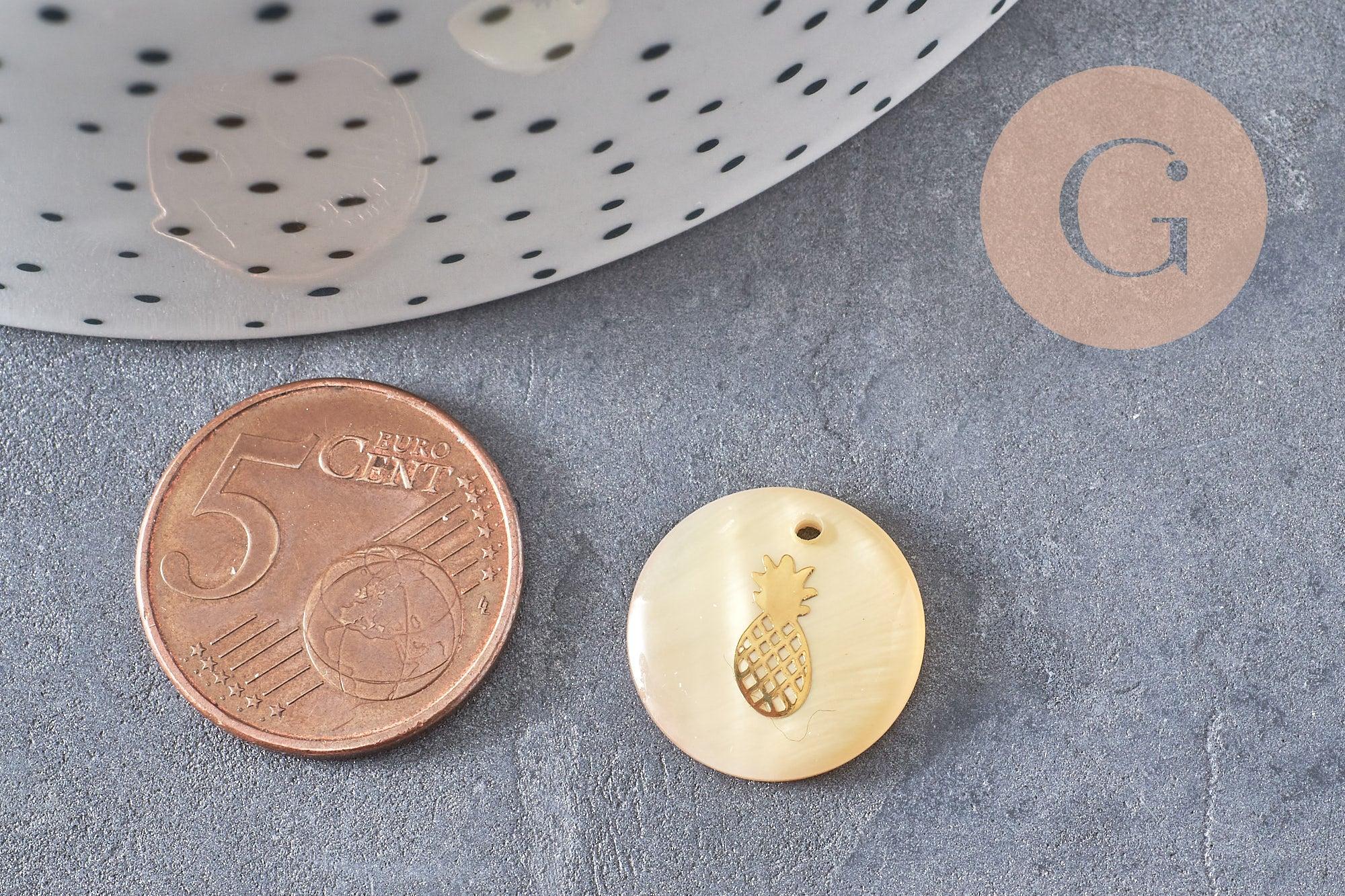 Pendentif rond nacre ananas,fourniture créative, pendentif ananas,coquillage blanc naturel,16mm,1 trou x10 (G0669)