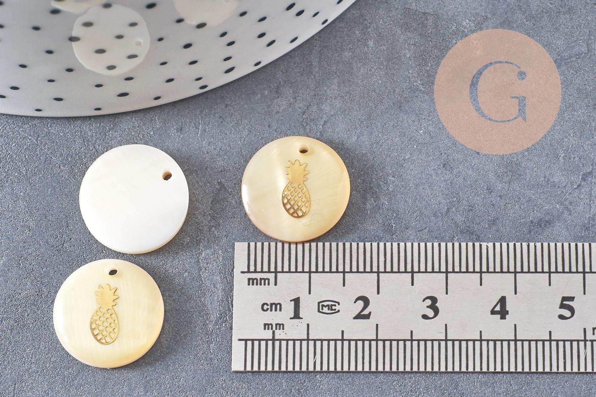 Pendentif rond nacre ananas,fourniture créative, pendentif ananas,coquillage blanc naturel,16mm,1 trou x10 (G0669)