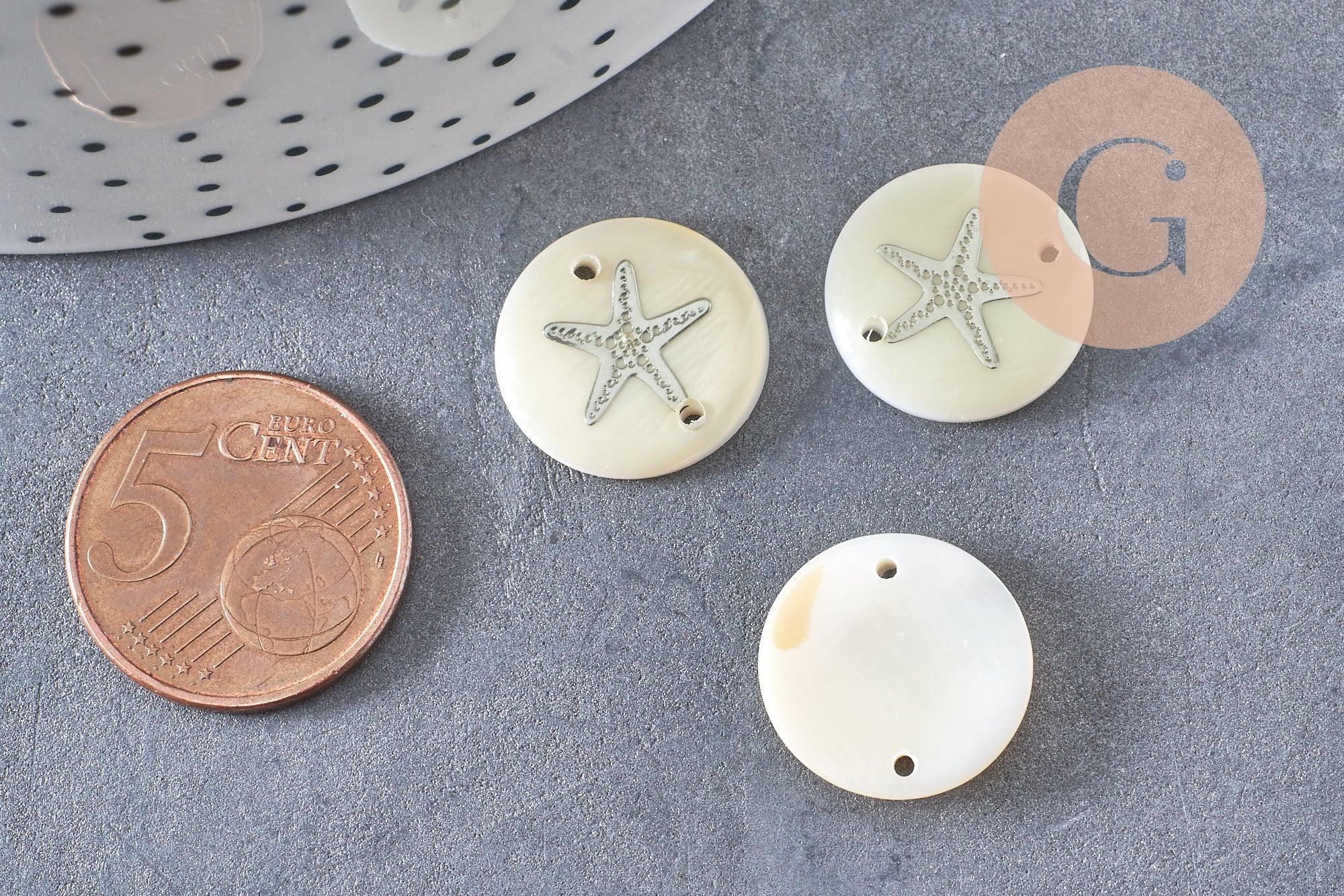 Pendentif rond nacre ancre argenté, pendentif ancre,coquillage blanc,coquillage naturel,création bijoux,16mm,2 trous x10 (G1070)