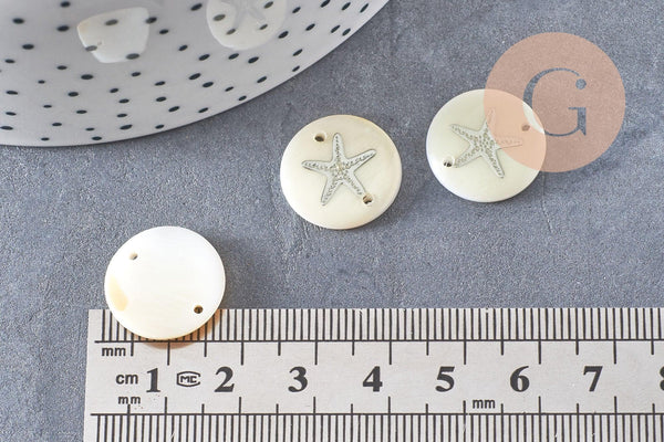 Pendentif rond nacre ancre argenté, pendentif ancre,coquillage blanc,coquillage naturel,création bijoux,16mm,2 trous x10 (G1070)