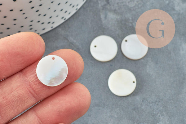 Pendentif rond nacre blanche 15mm, pendentif coquillage blanc naturel, 15mm, x10 ou x20 (G2181)