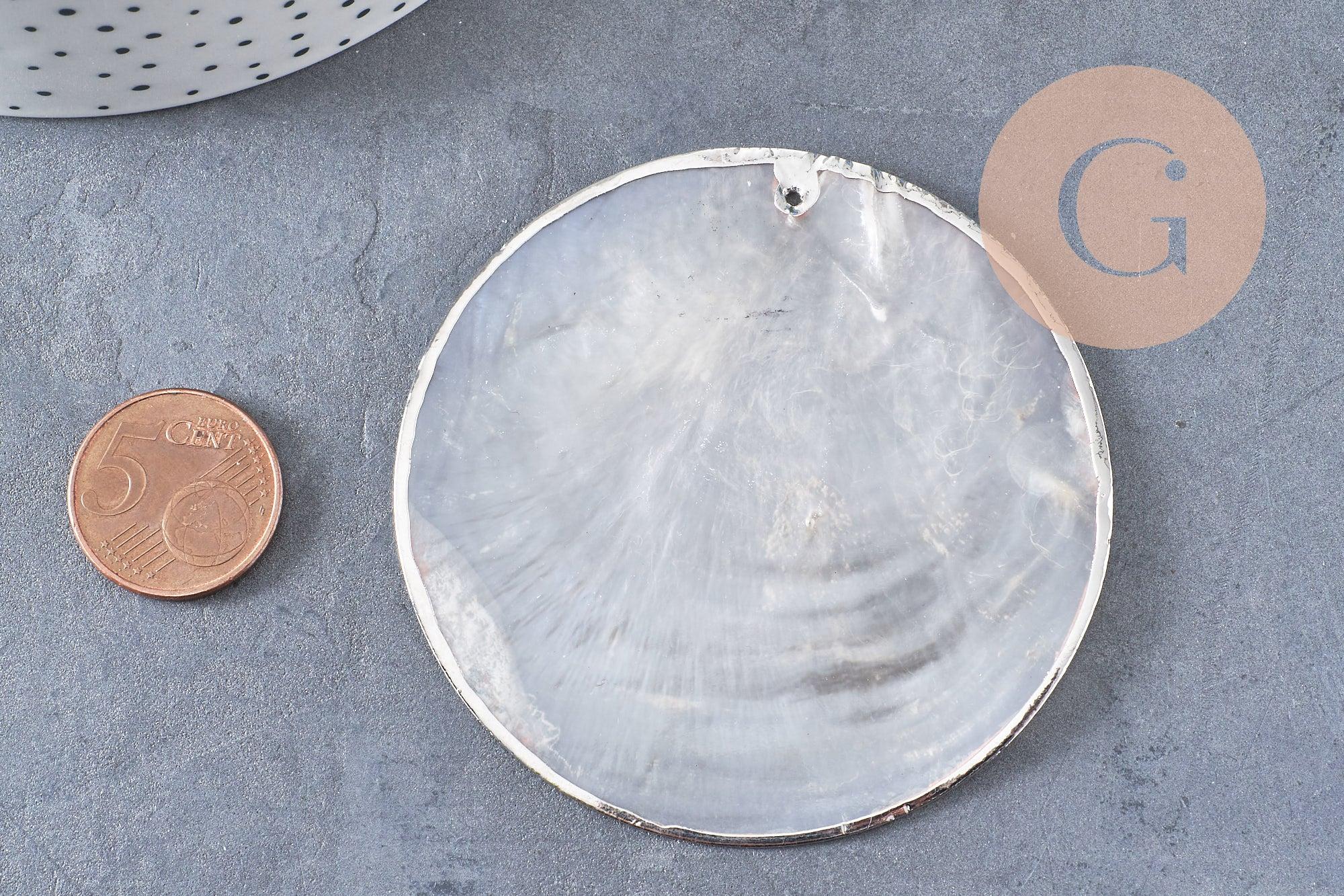 Pendentif rond nacre blanche argent, pendentif coquillage, coquillage blanc, coquillage naturel,création bijoux, 70mm, x1 (G1076)