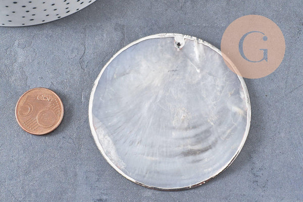 Pendentif rond nacre blanche argent, pendentif coquillage, coquillage blanc, coquillage naturel,création bijoux, 70mm, x1 (G1076)