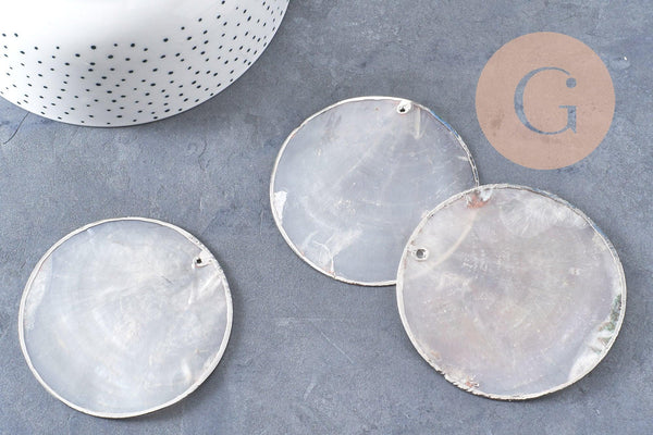 Pendentif rond nacre blanche argent, pendentif coquillage, coquillage blanc, coquillage naturel,création bijoux, 70mm, x1 (G1076)