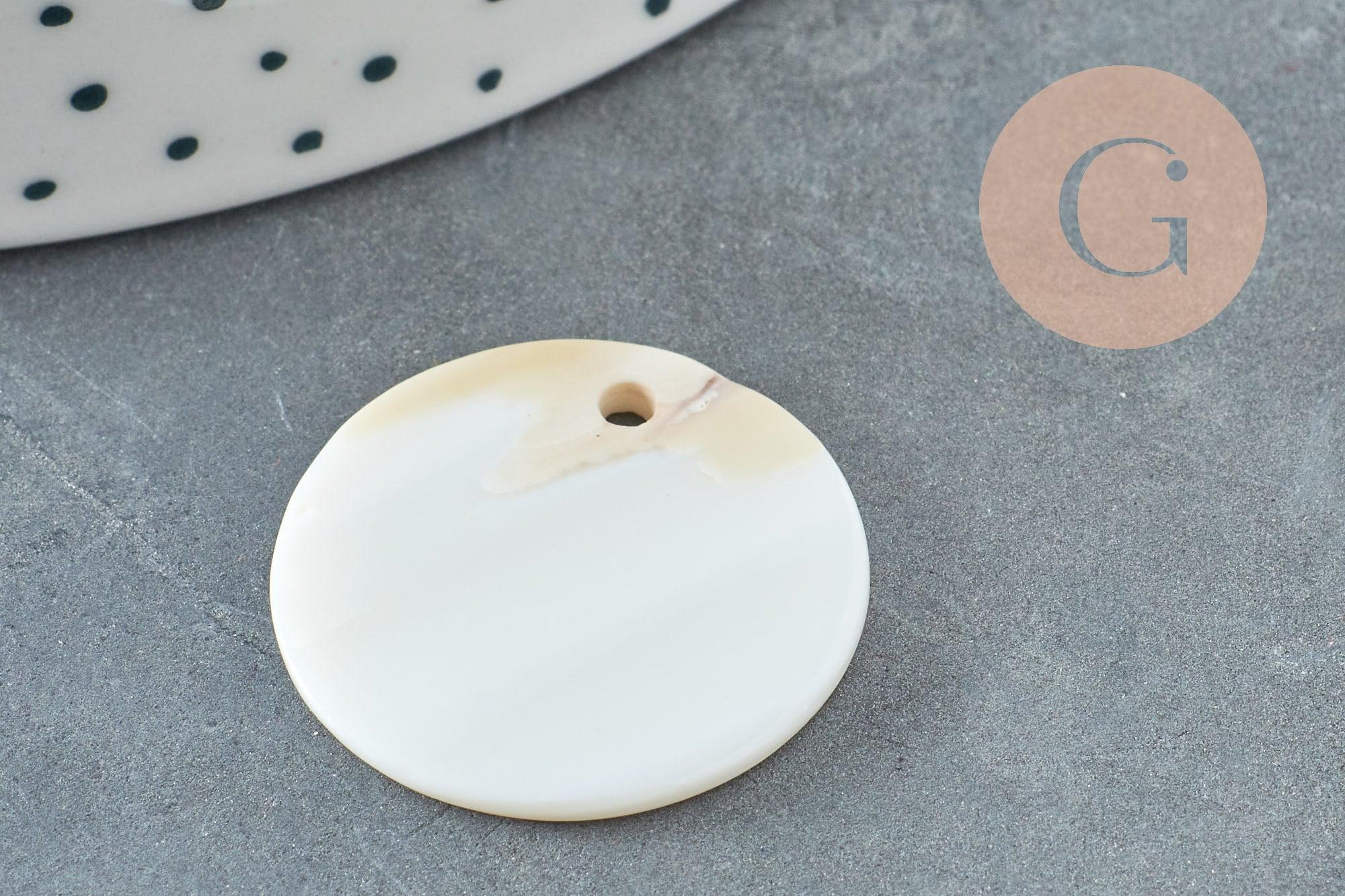 Pendentif rond nacre blanche naturelle 25mm, pendentif coquillage blanc naturel, x10 (G2175)
