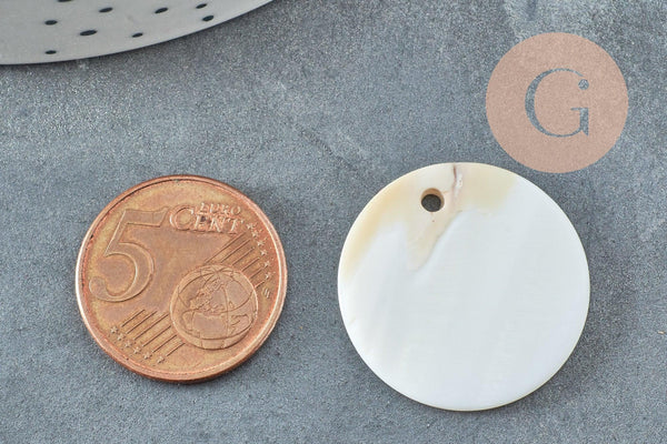Pendentif rond nacre blanche naturelle 25mm, pendentif coquillage blanc naturel, x10 G2175